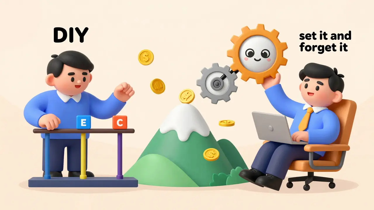 Comparison between a DIY investor adjusting asset scales and an automated system shifting coins.