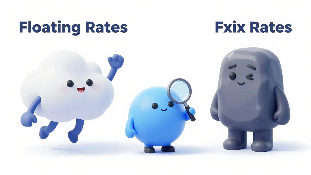 Comparison between a fluctuating cloud and a steady rock representing floating and fixed loan rates