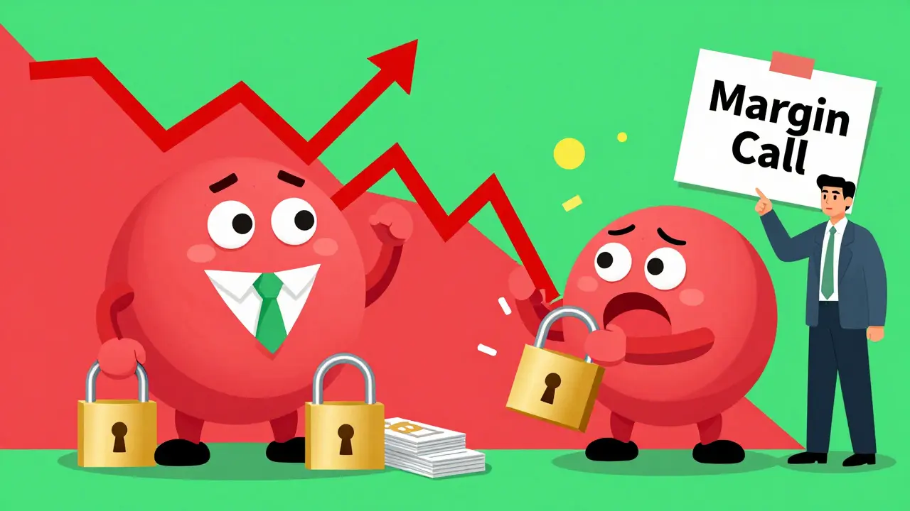 Comparison of a stable stock price versus a crashing stock triggering a margin call.