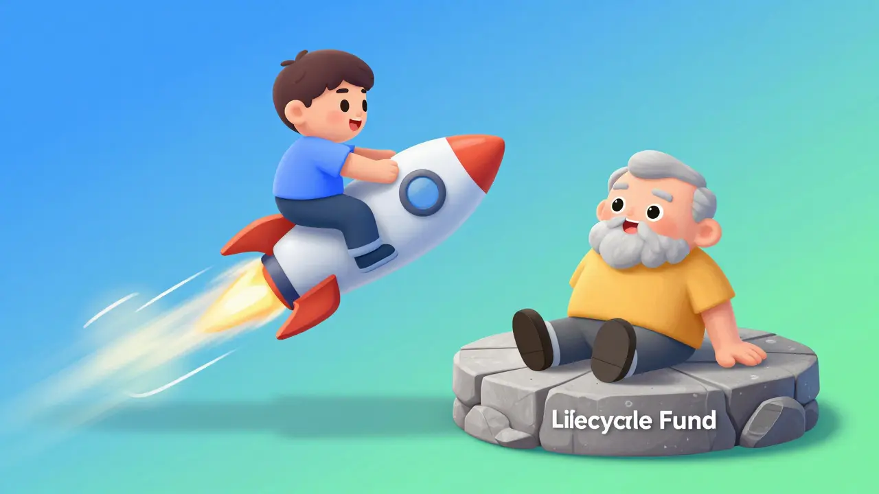 Comparison of a young investor on a growth rocket and an older investor on a stable platform.