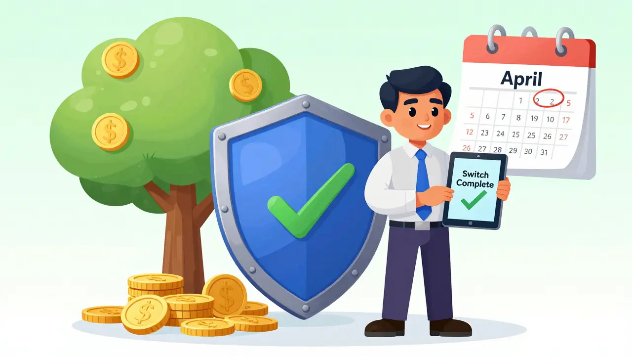 Confident investor with a coin tree and a tablet showing a successful fund switch.