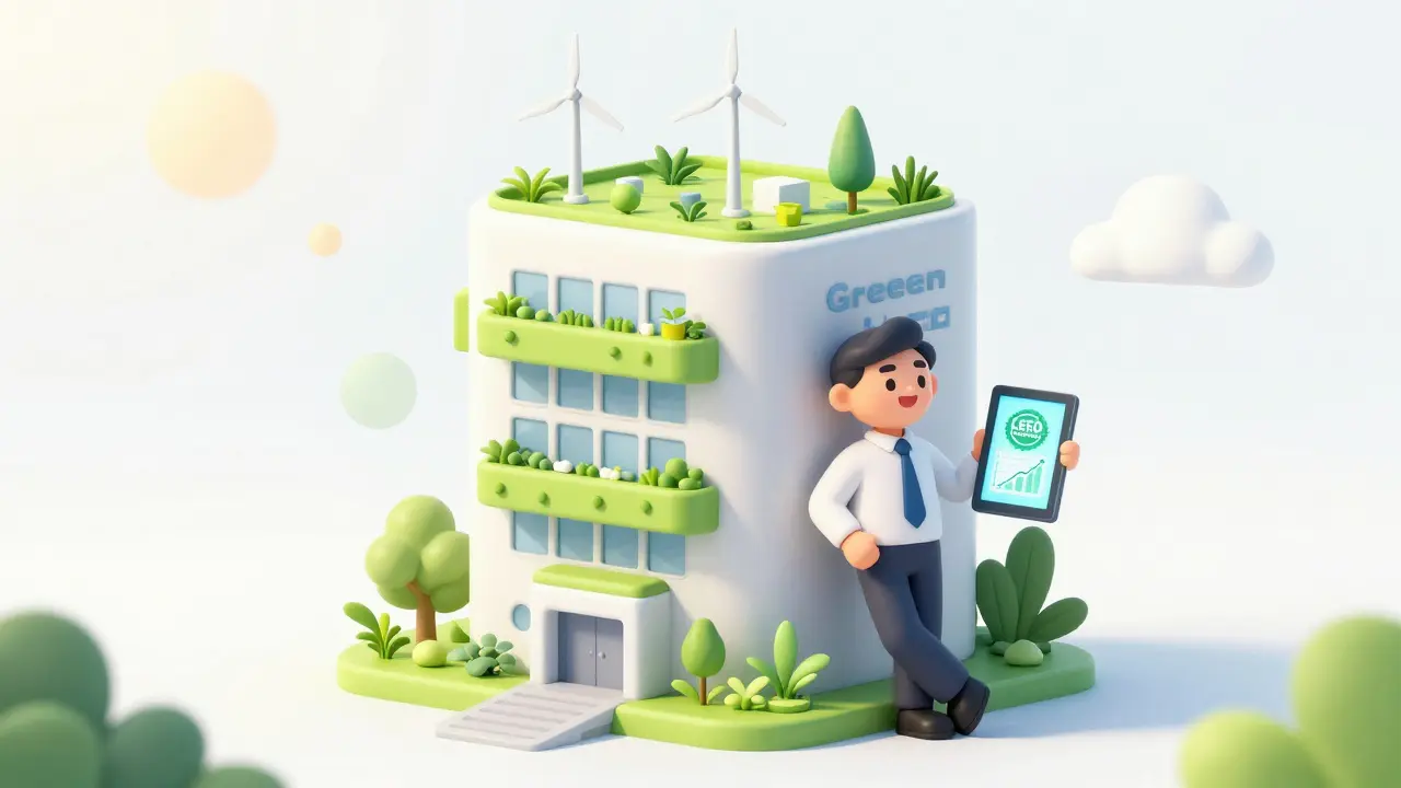 Eco-friendly rounded office building with an investor holding a profit tablet