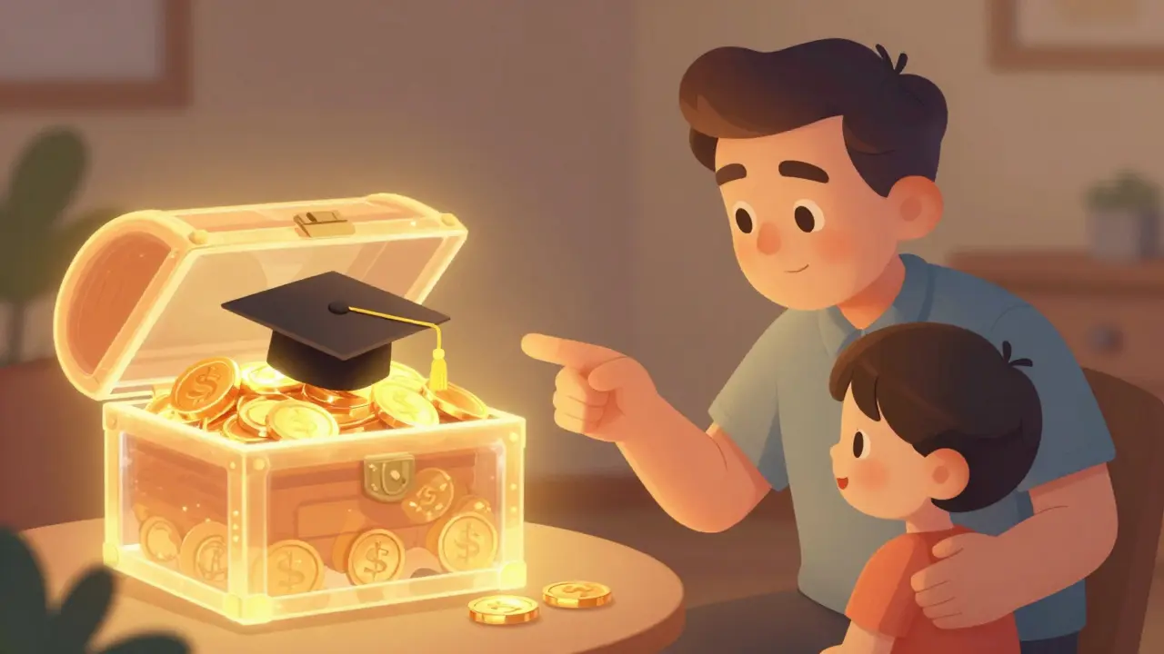Father and child looking at a glowing treasure chest symbolizing future education funds.