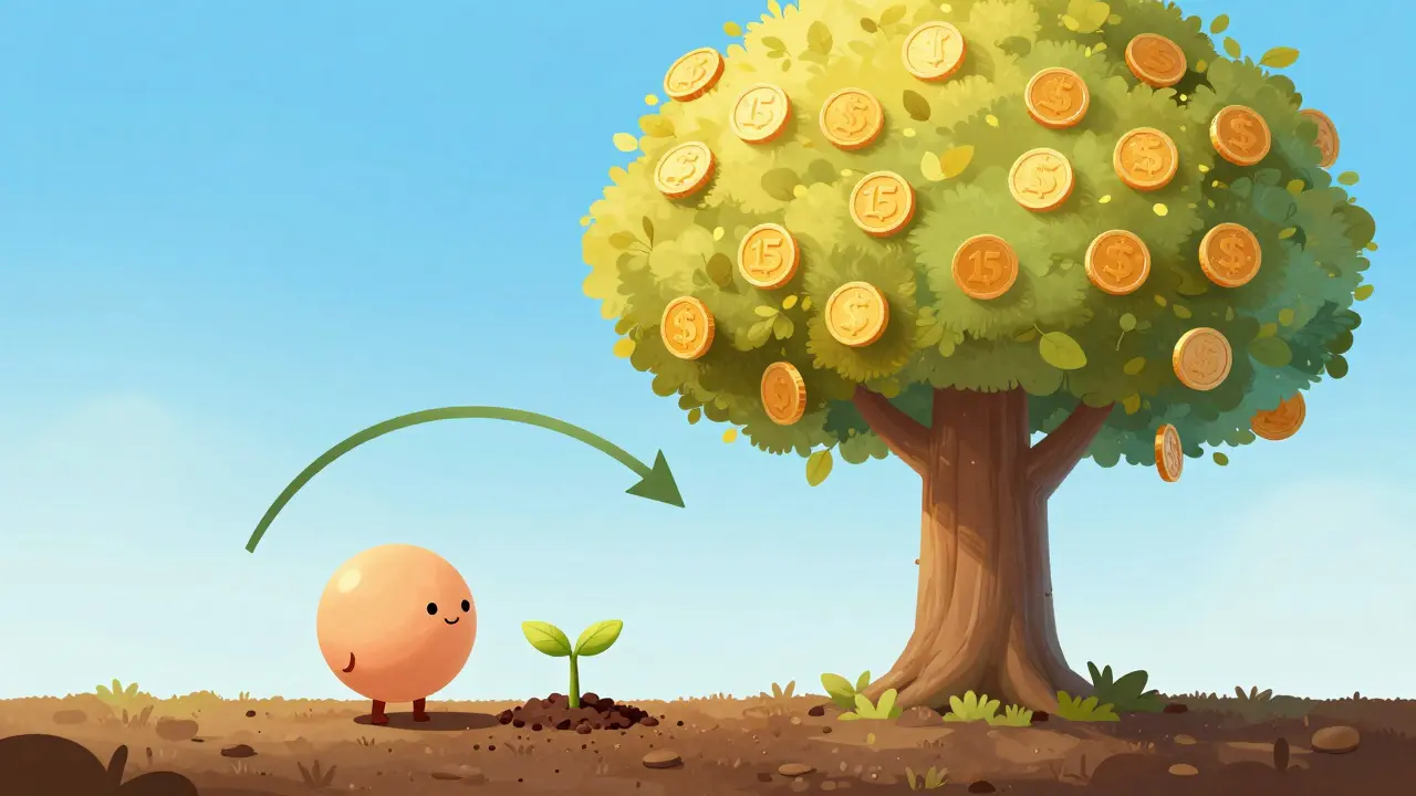 Illustration of a coin growing into a golden tree to symbolize long-term compounding interest.