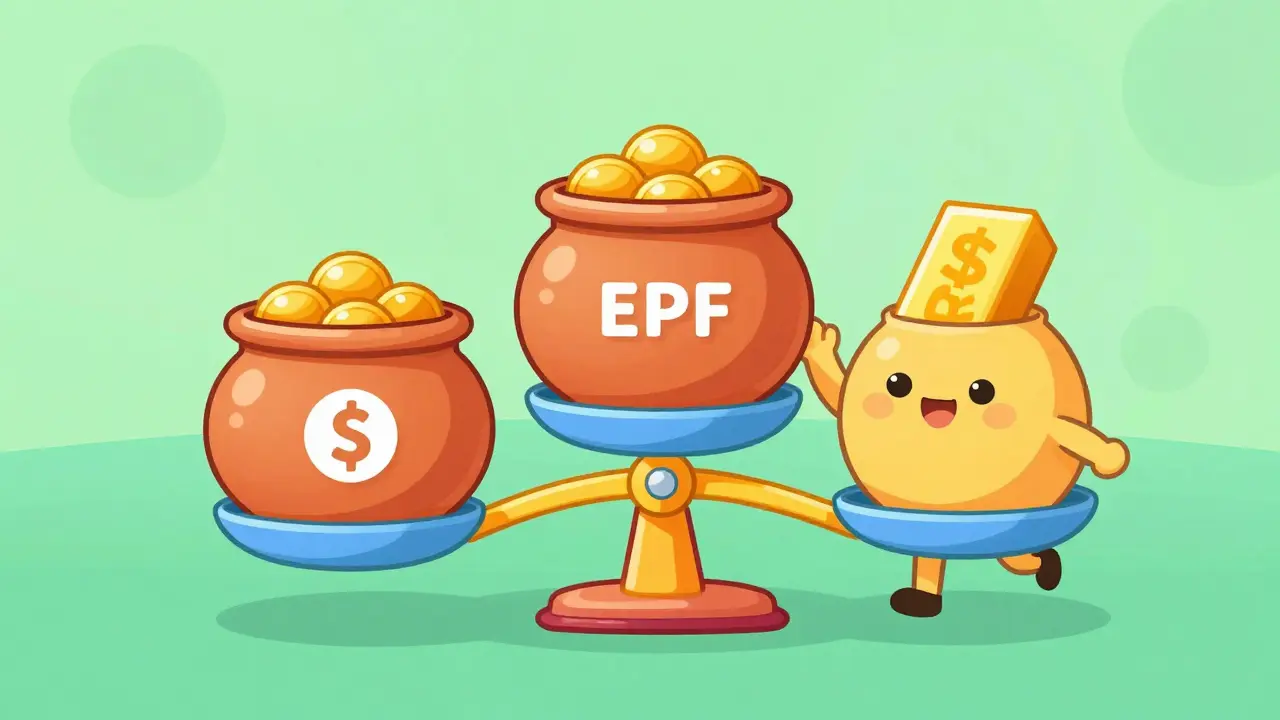 Illustration of a person balancing different investment pots on a scale.