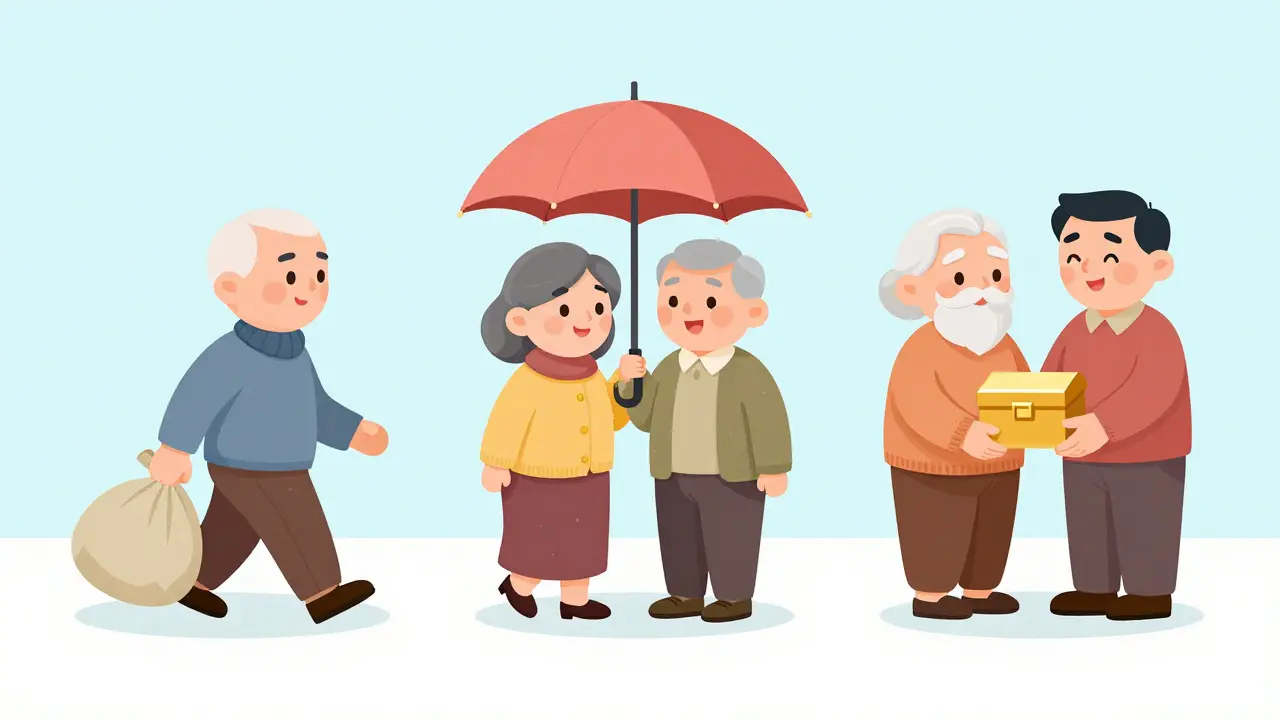 Illustrations of different pension options: single payout, joint security, and inheritance.