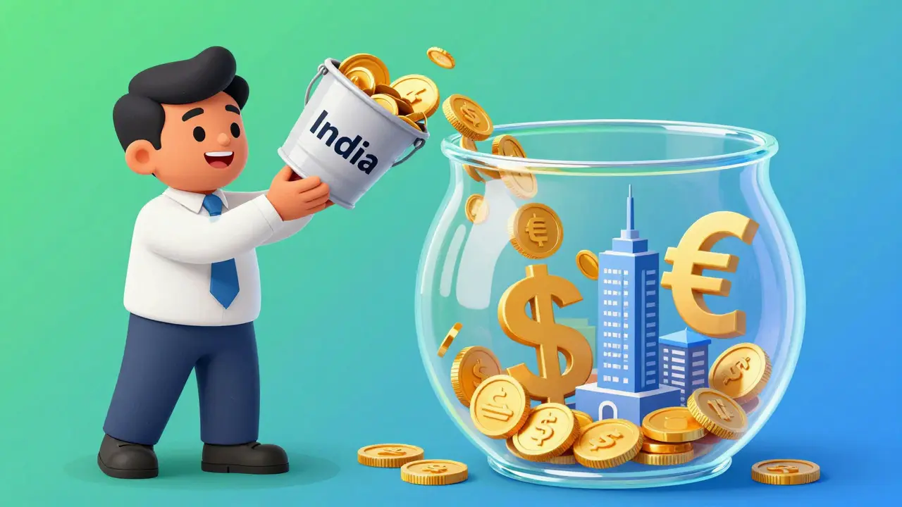 Investor pouring gold coins into a glass vessel containing global currency and real estate icons