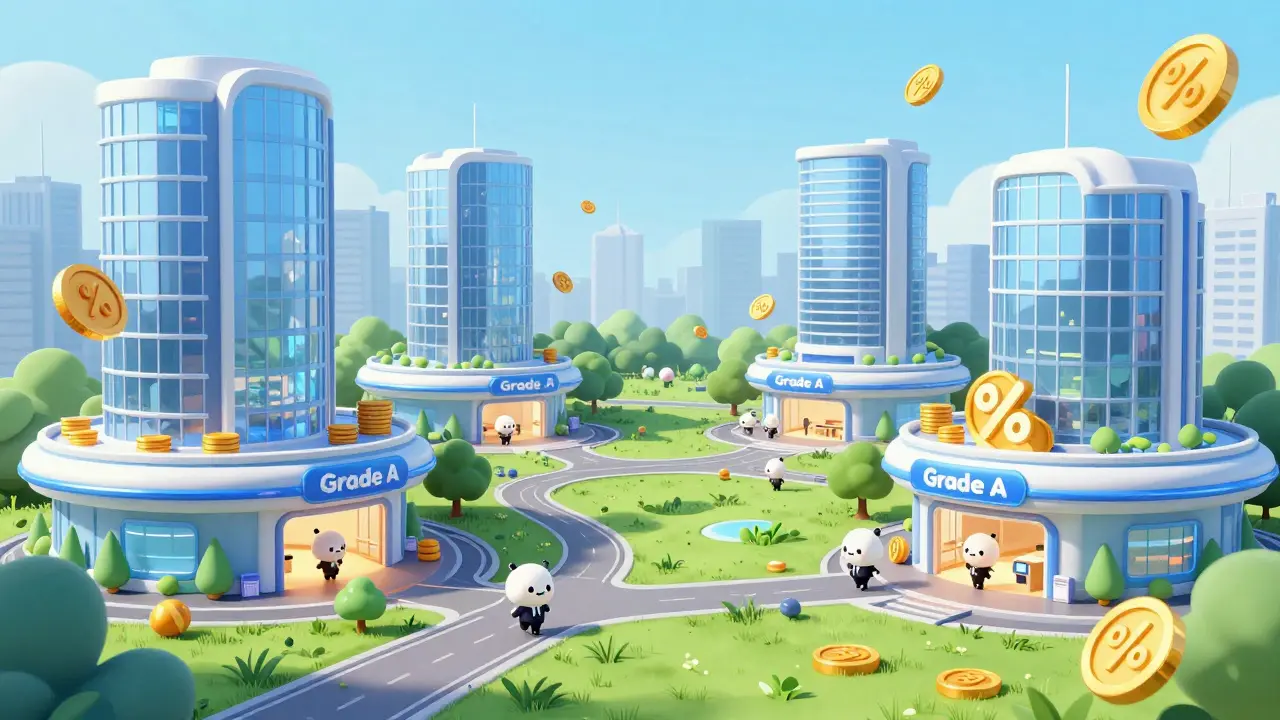 Modern rounded commercial office towers with floating gold coins representing dividends