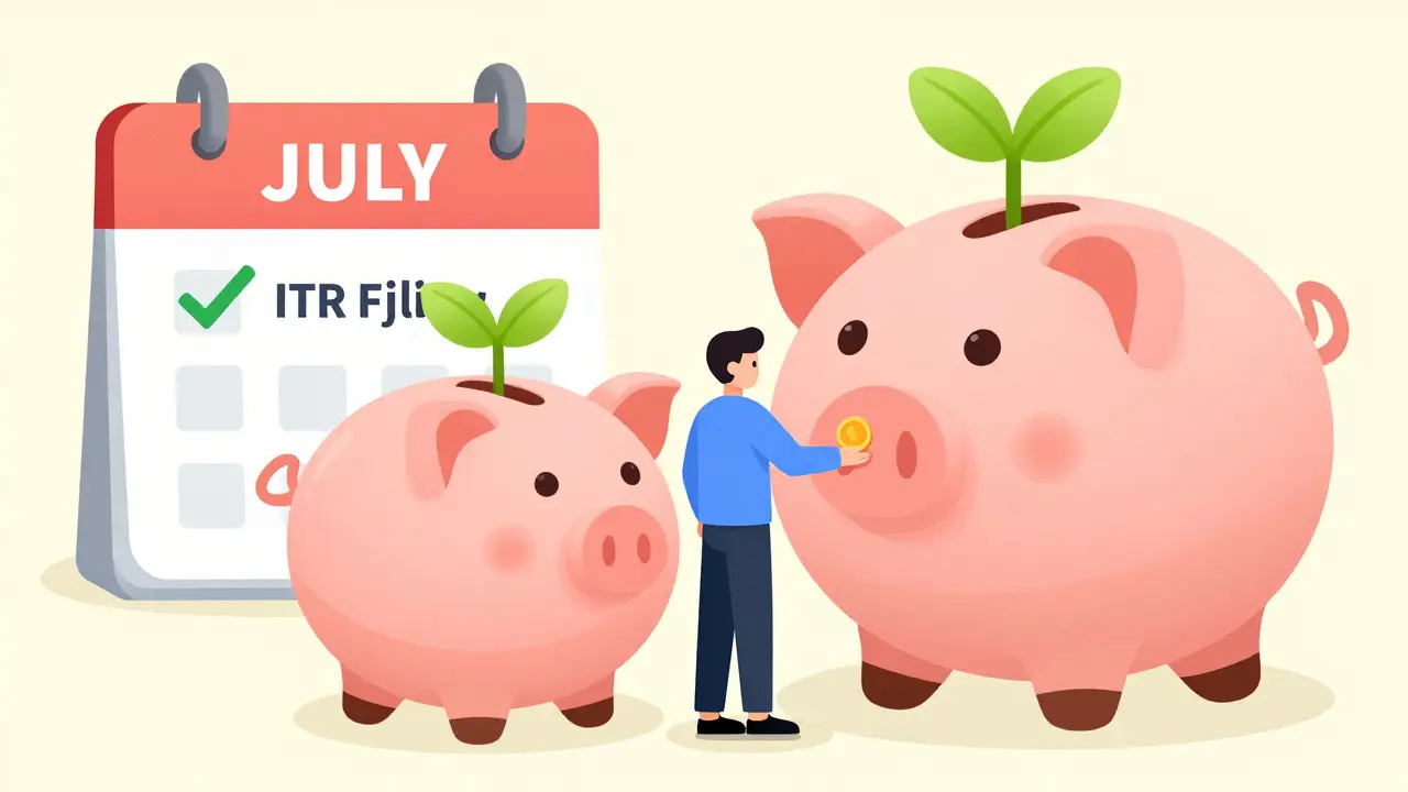 Person receiving a tax refund after filing ITR with a piggy bank