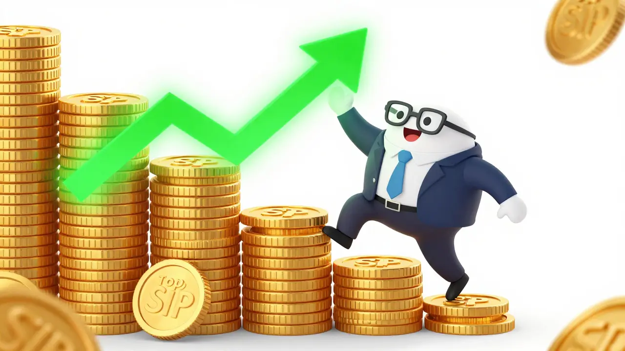 Professional character climbing growing stacks of coins representing a Top-Up SIP