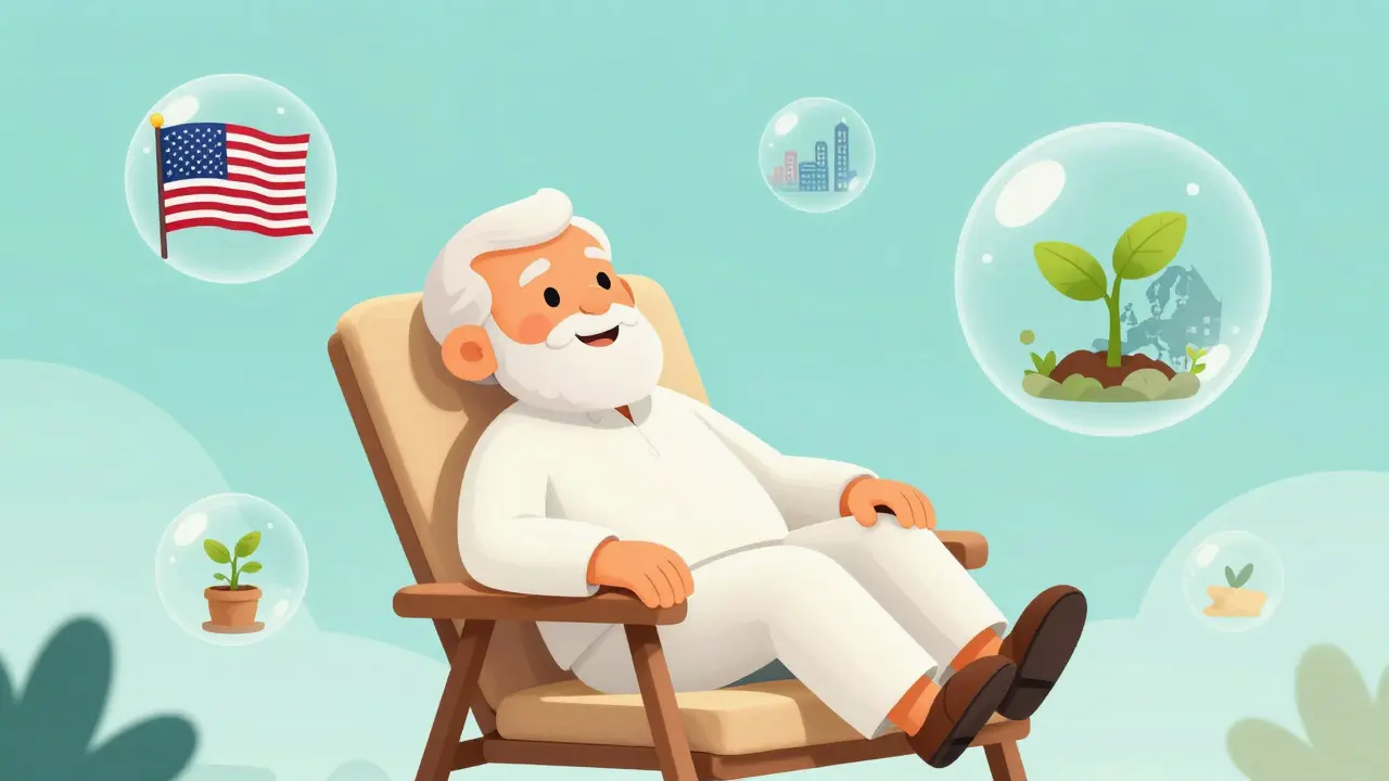 Relaxed retired Indian man surrounded by floating bubbles representing a diversified global portfolio