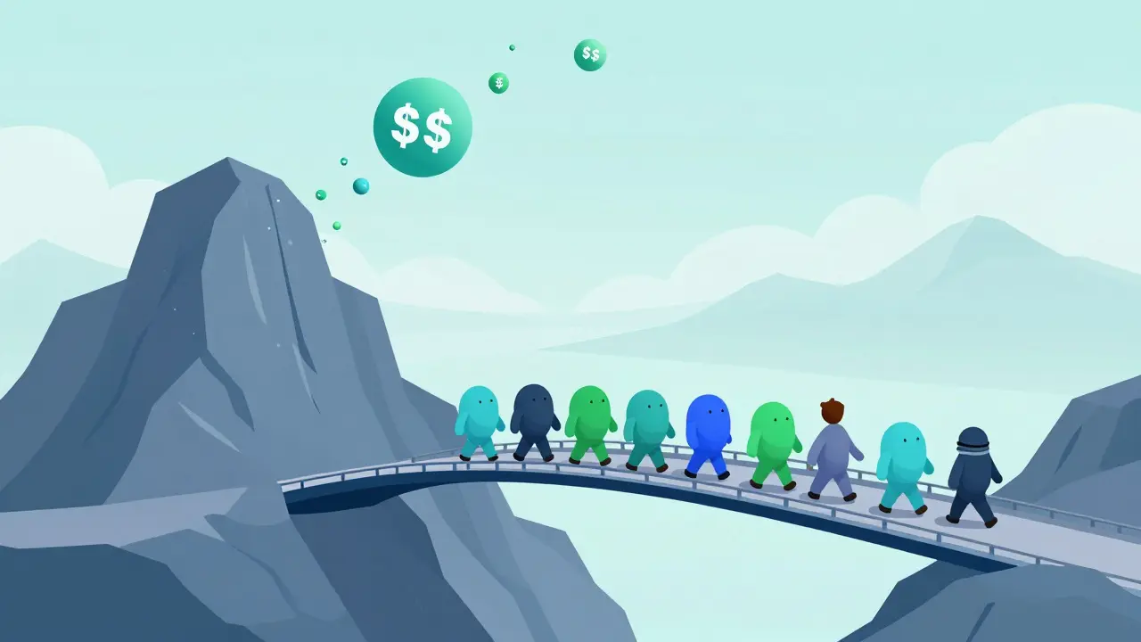 Rounded characters crossing a bridge to represent increased stock market accessibility.