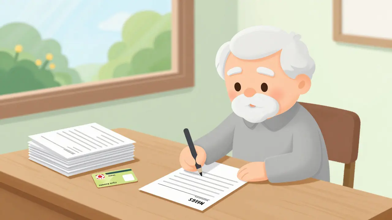 Senior citizen calmly filling out financial documents at a desk.