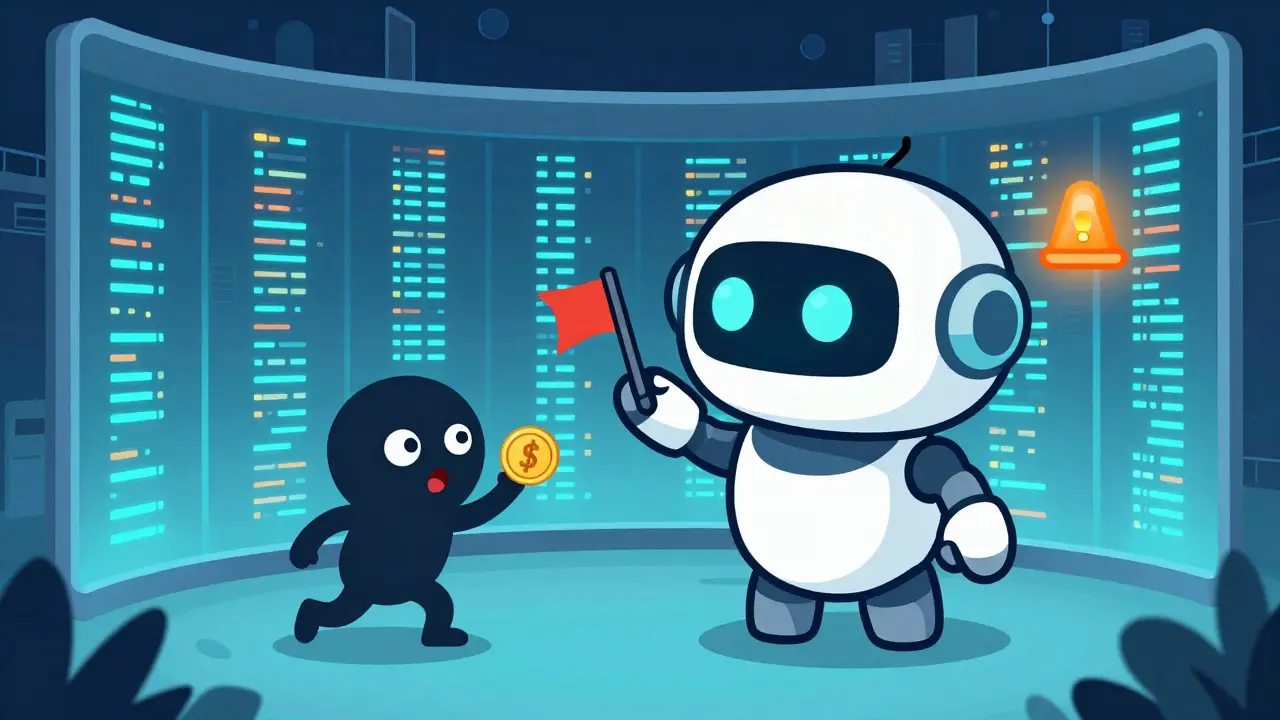 A cute robot detecting market manipulation in a high-tech surveillance center.