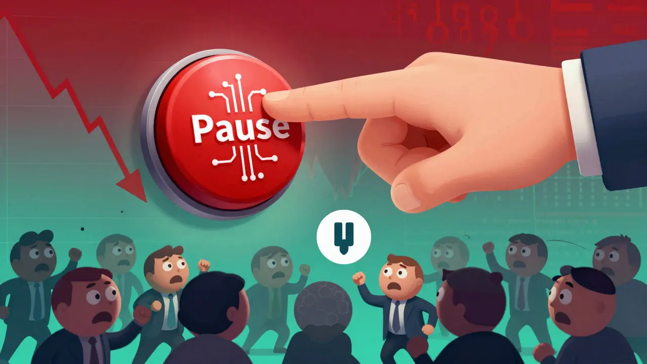 A giant hand pressing a pause button to stop panic selling during market volatility.