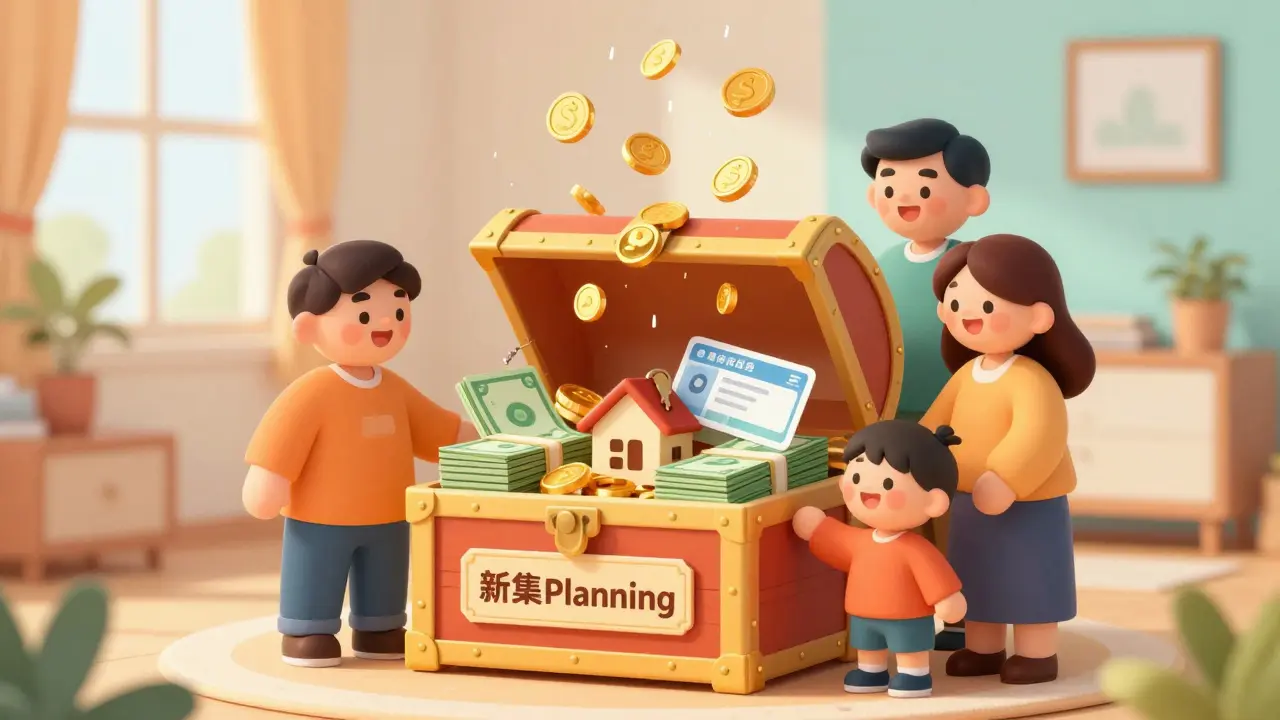 A happy family collecting tax savings in a treasure chest with home and health icons.