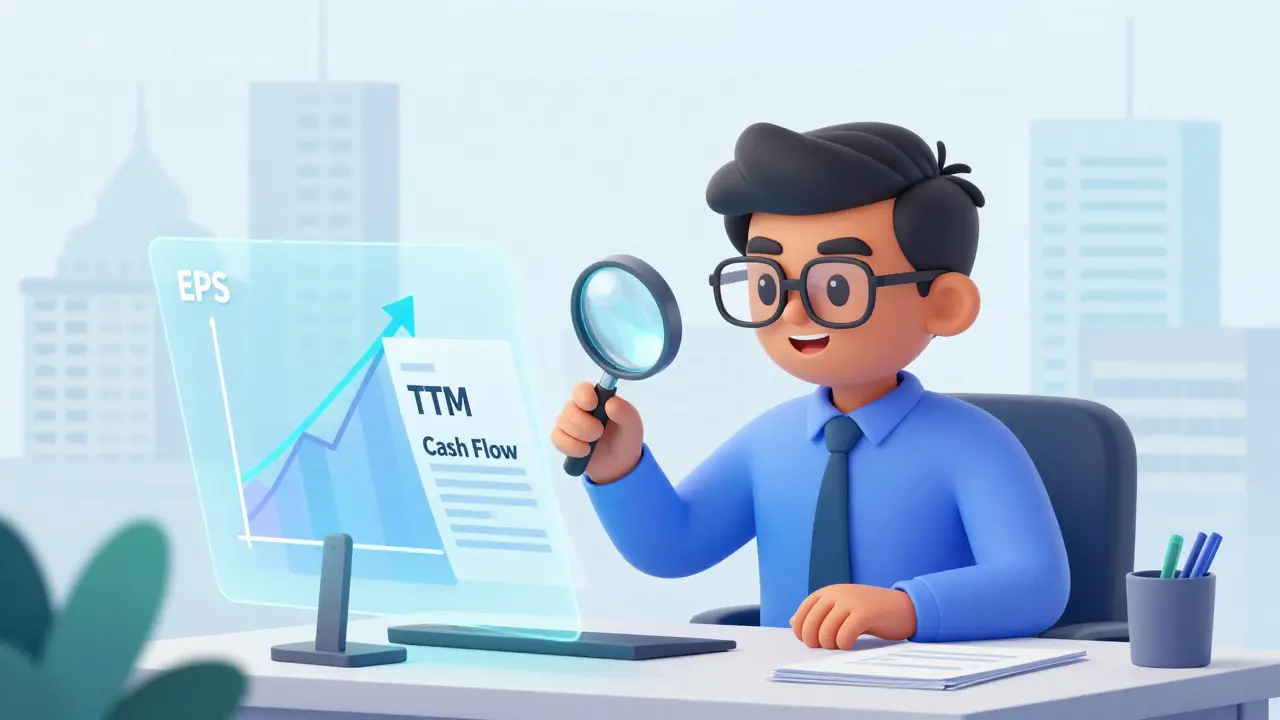 Cartoon analyst examining EPS growth trends and cash flow documents