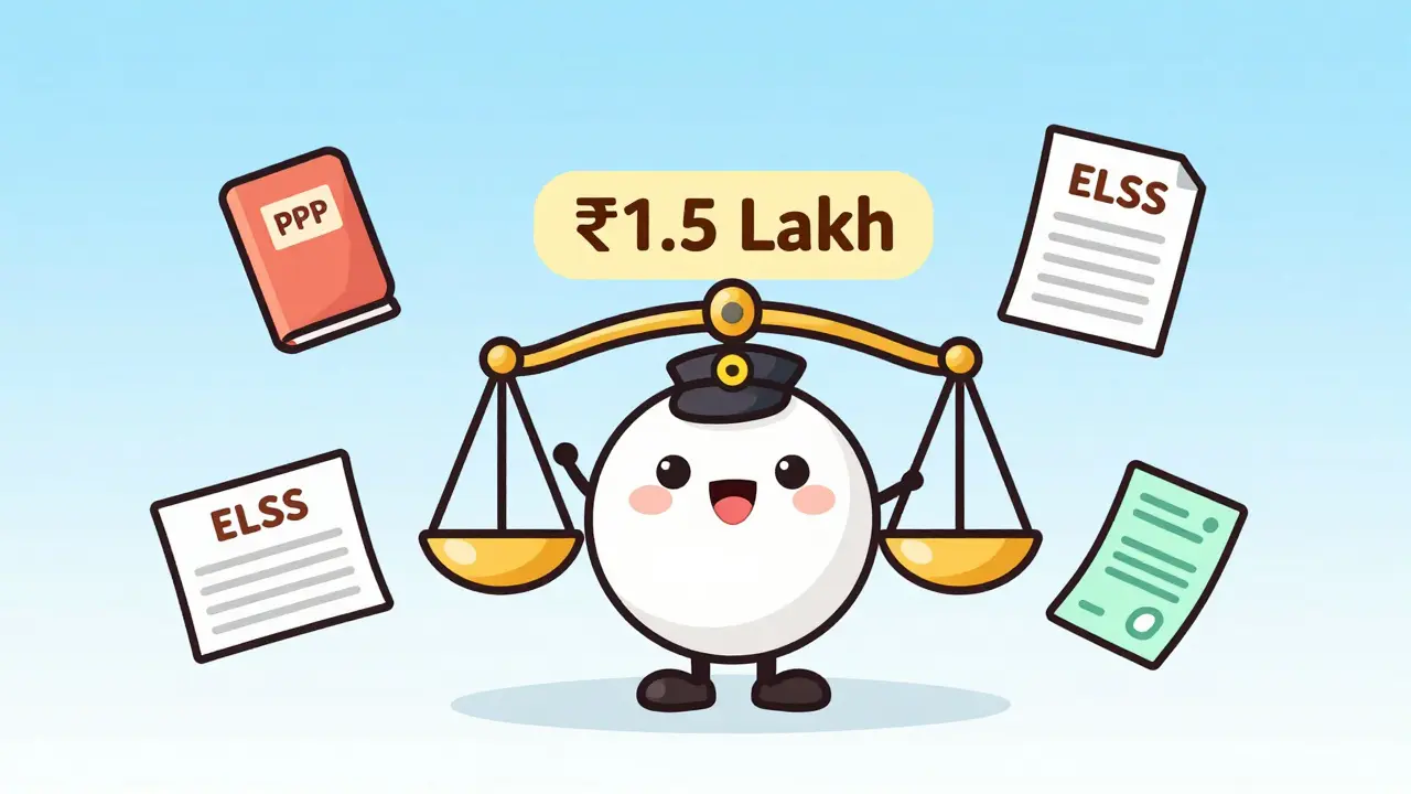 Cartoon character balancing investment icons under 1.5 lakh limit