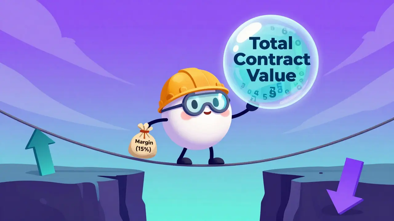 Cartoon character balancing margin against total contract value on a tightrope to illustrate trading risk.
