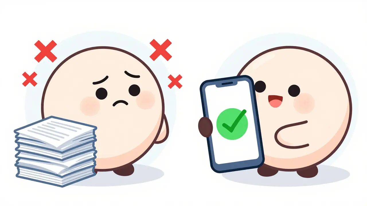 Cartoon characters comparing mismatched docs vs successful digital KYC