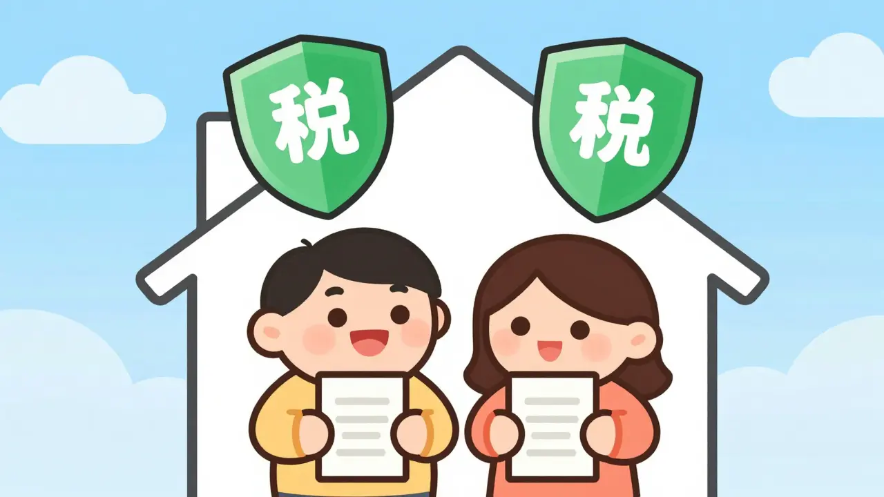 Cartoon couple with two tax shields representing joint loan benefits