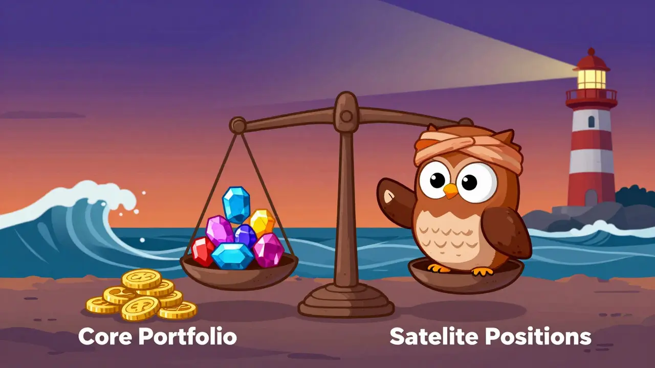 Cartoon owl balancing core portfolio and satellite thematic investments on a scale