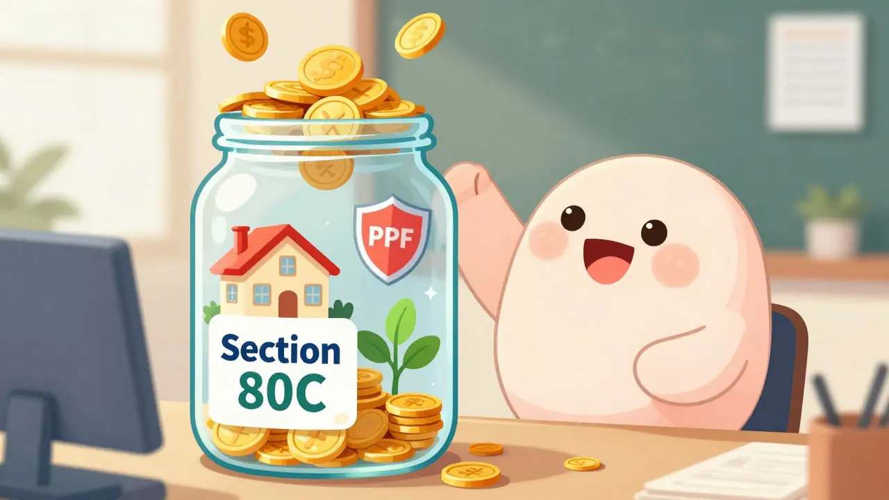 Character filling a savings jar with various investment icons