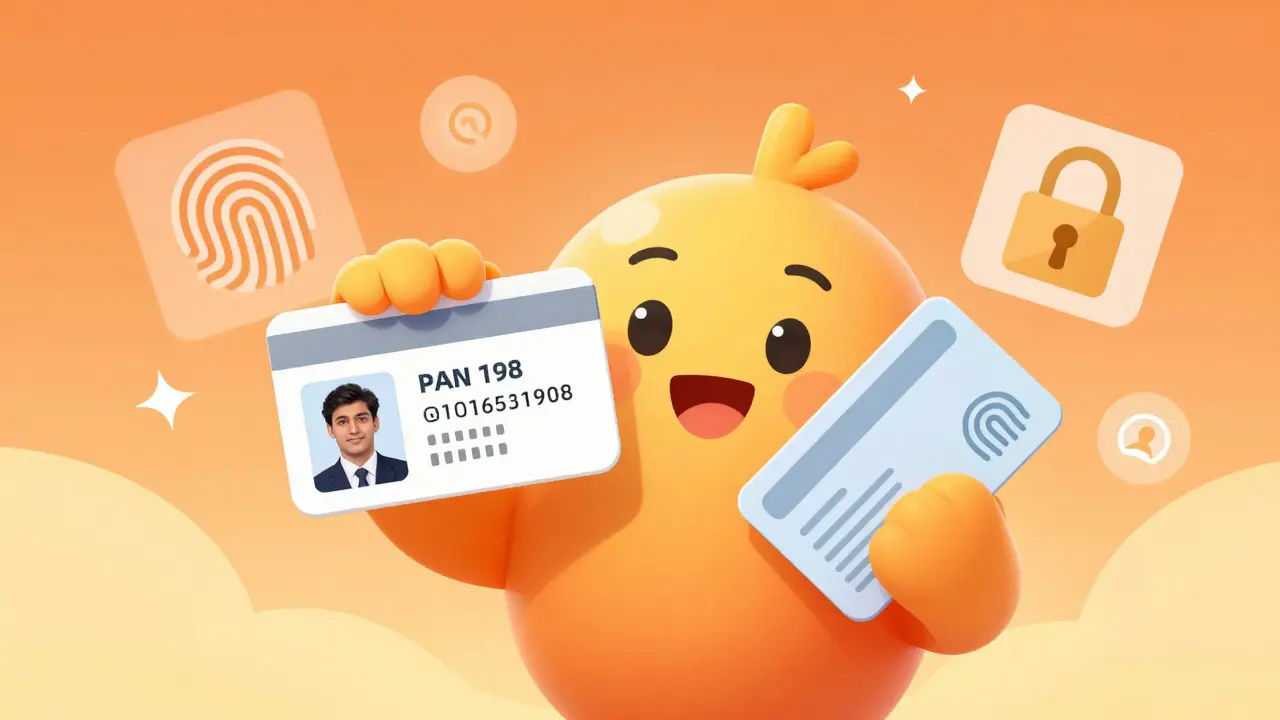 Character holding PAN and Aadhaar cards for identity verification process