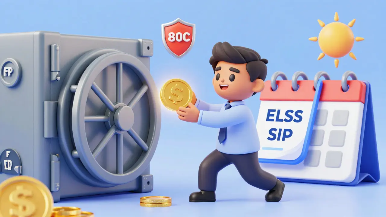 Character moving funds from matured FD to ELSS investment with tax benefit symbols