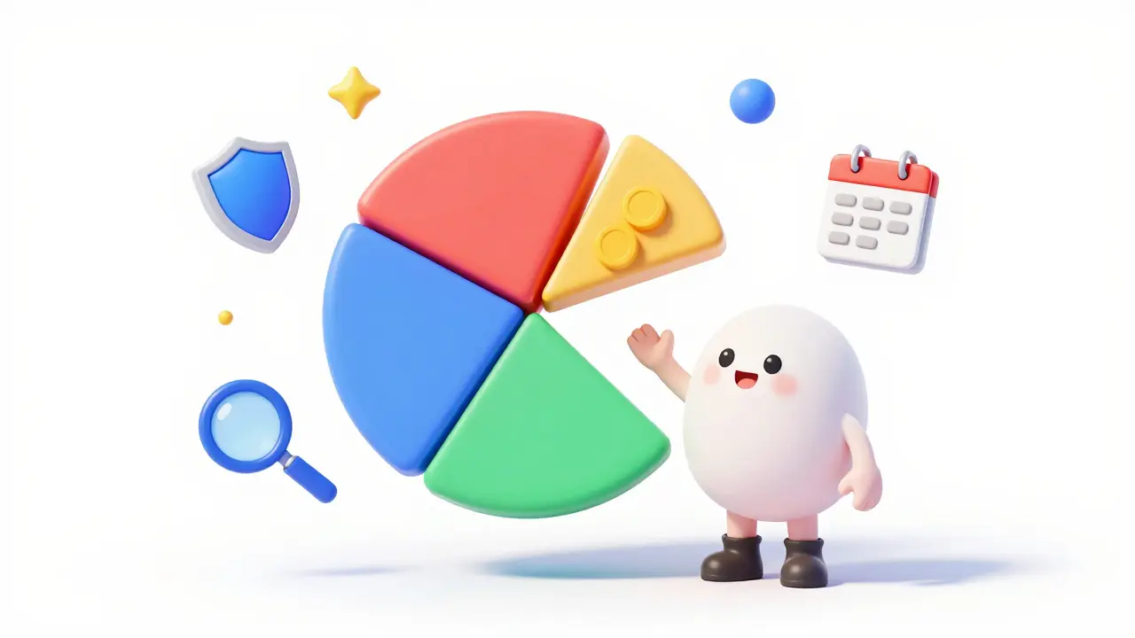 Character rebalancing a colorful portfolio pie chart with floating metric icons.