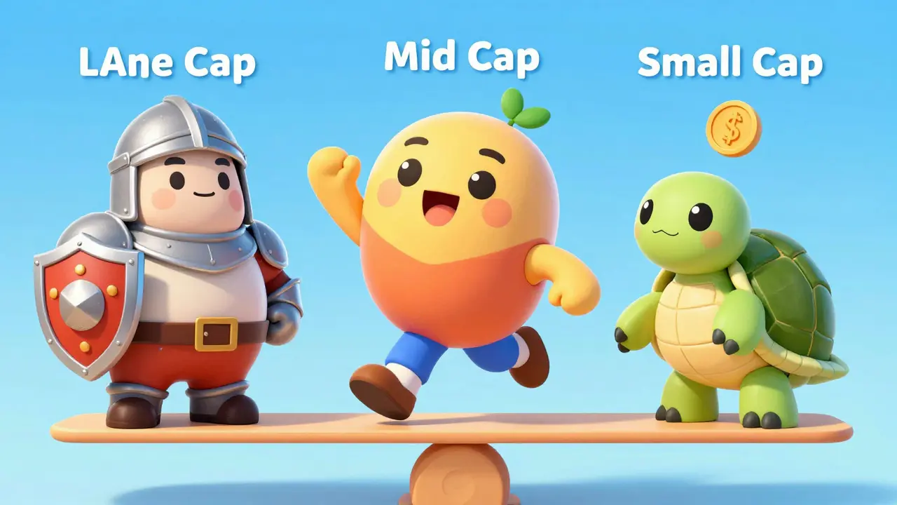 Characters representing large mid and small cap funds