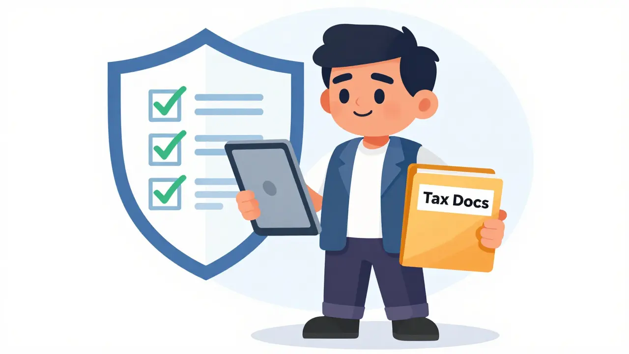 Confident cartoon taxpayer holding organized tax documents