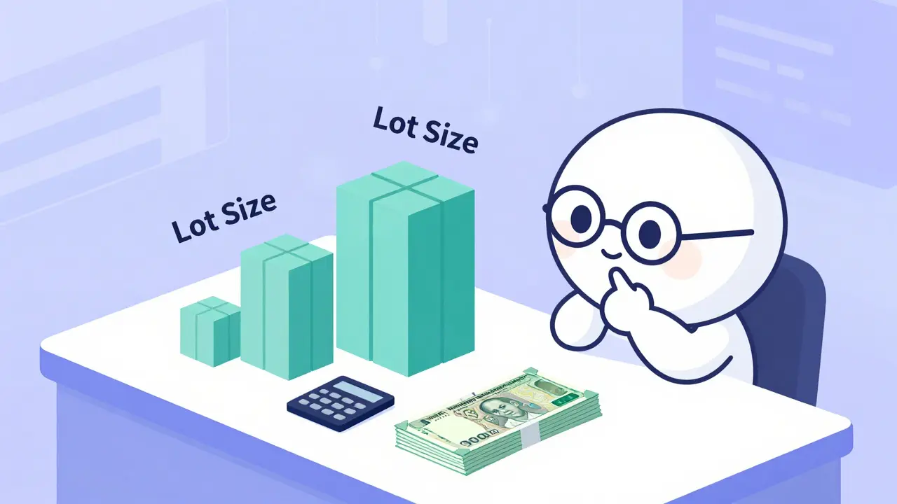 Cute character analyzing lot sizes and investment costs on a desk
