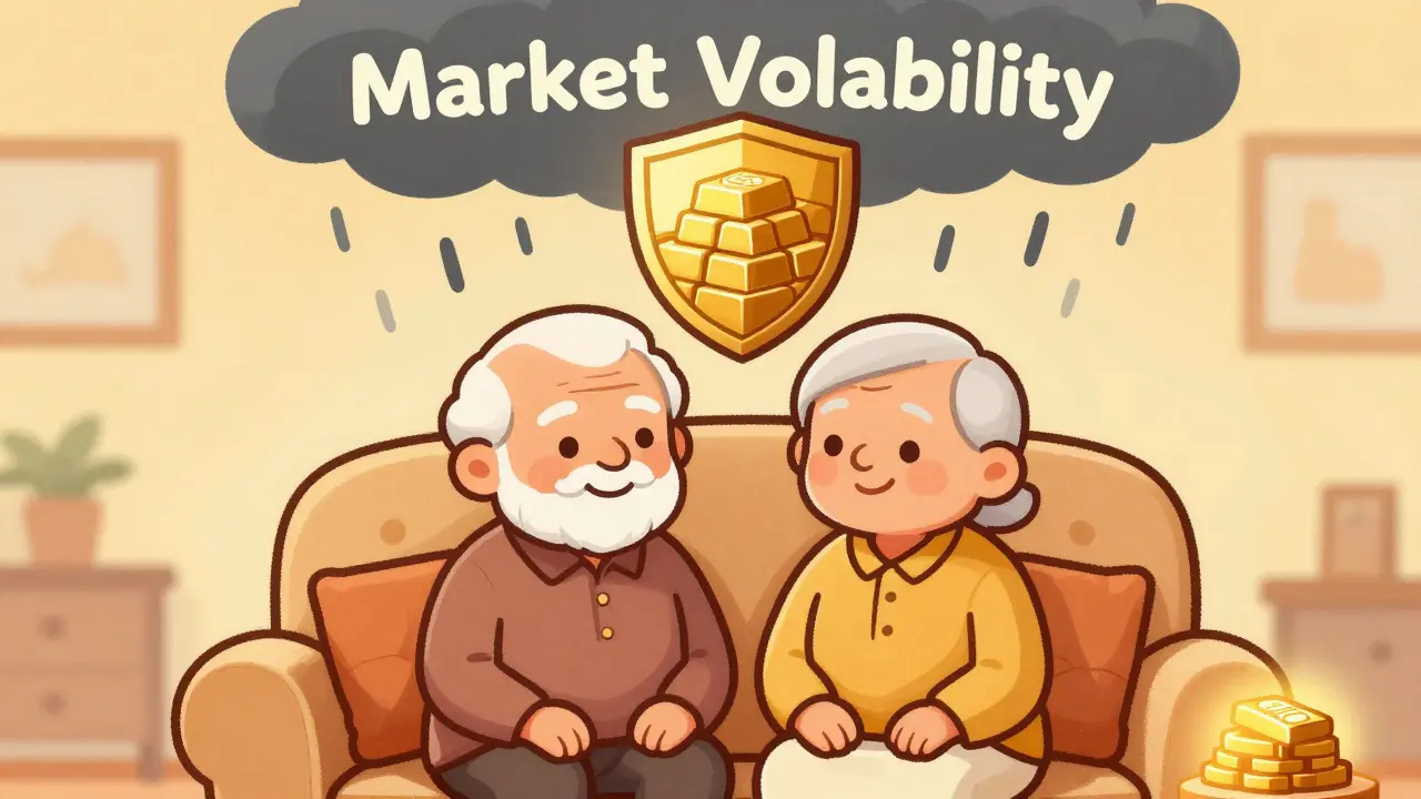 Elderly cartoon couple protected by gold and debt shield from market storms