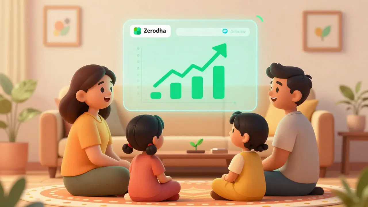 Family viewing online mutual fund growth dashboard