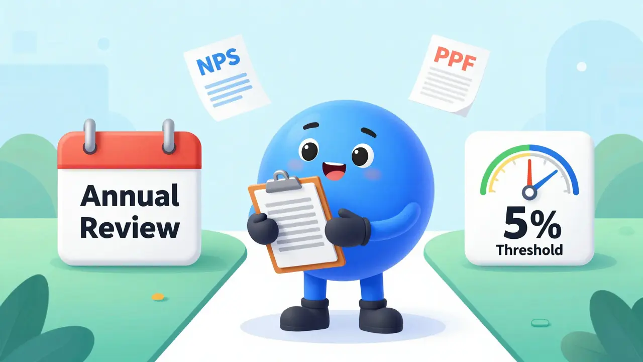 Friendly cartoon character choosing between annual review and threshold rebalancing