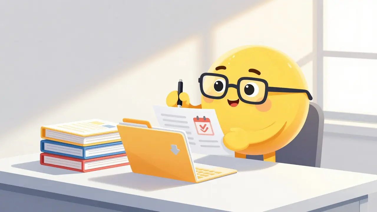 Happy cartoon investor organizing tax planning documents on desk