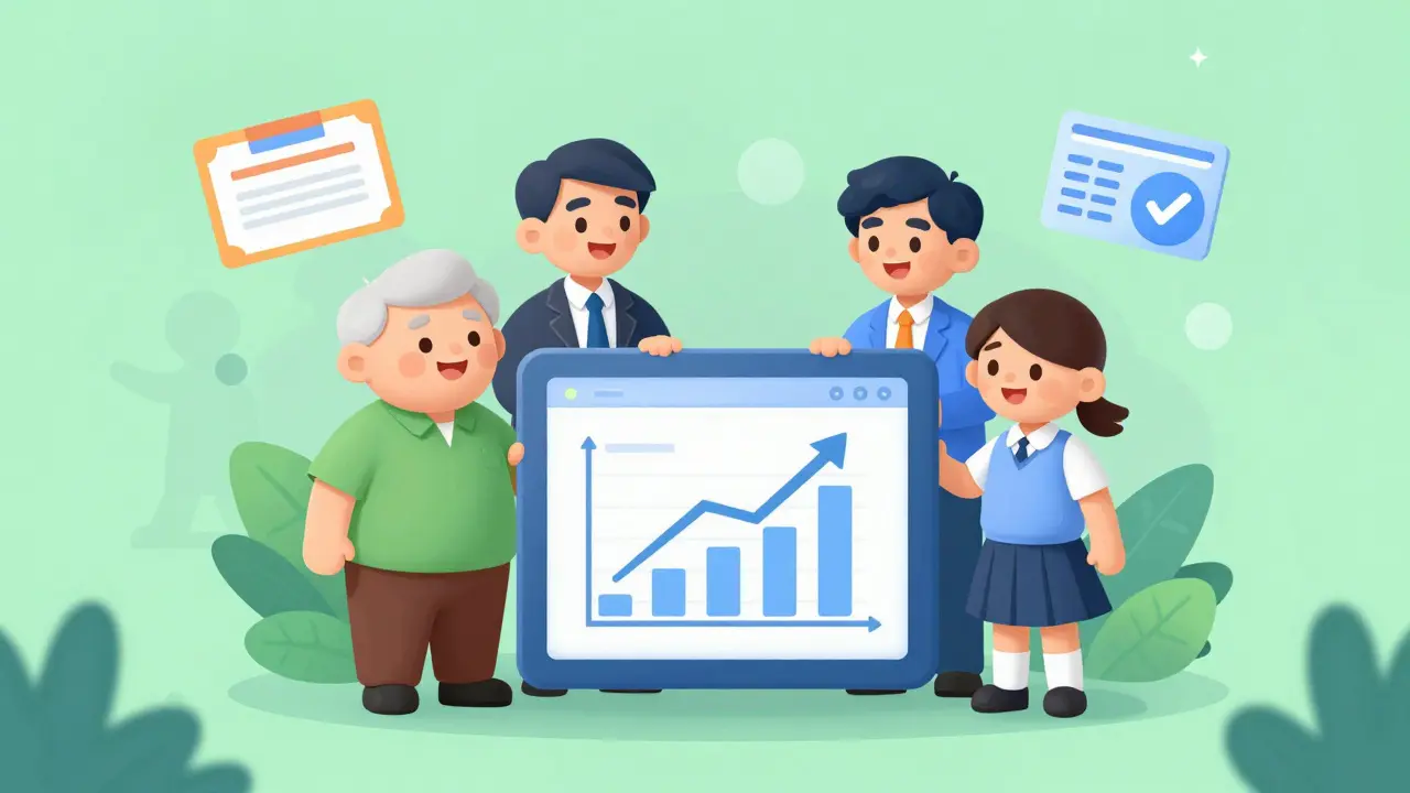 Happy cartoon investors viewing portfolio growth on a tablet