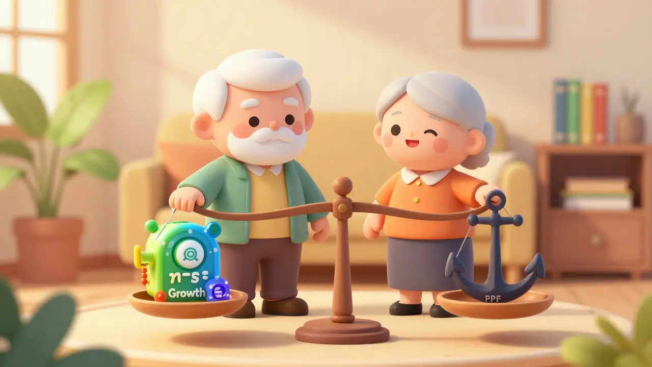 Happy retired couple with a balanced financial portfolio metaphor.