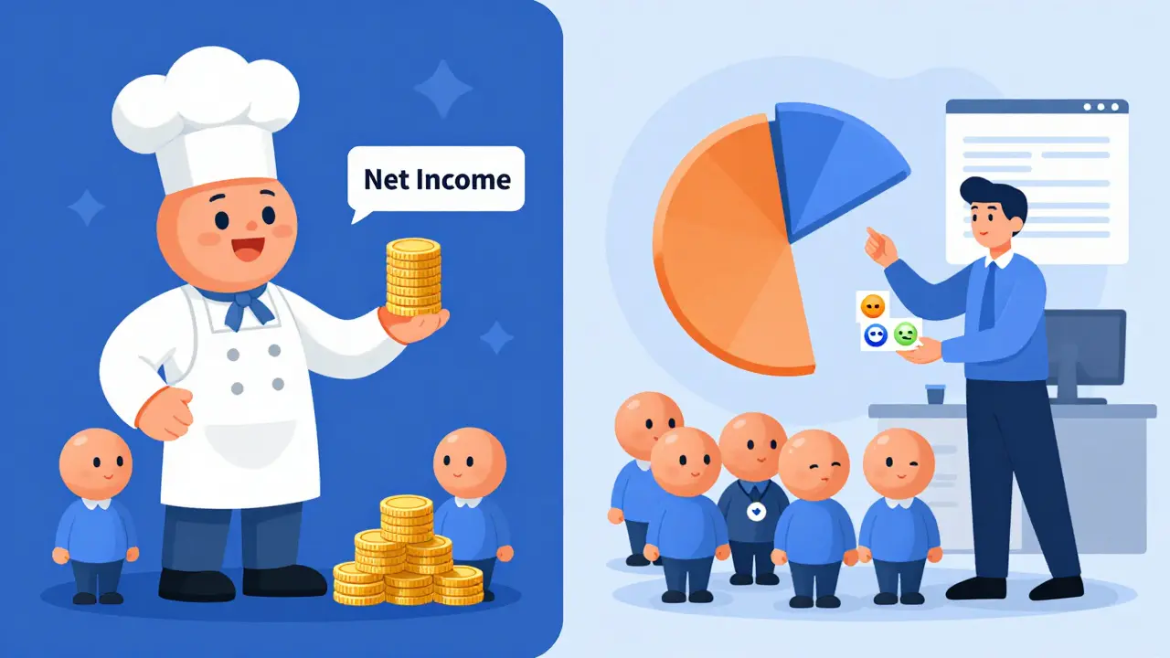 Illustration comparing basic vs diluted EPS with baker and tech startup characters