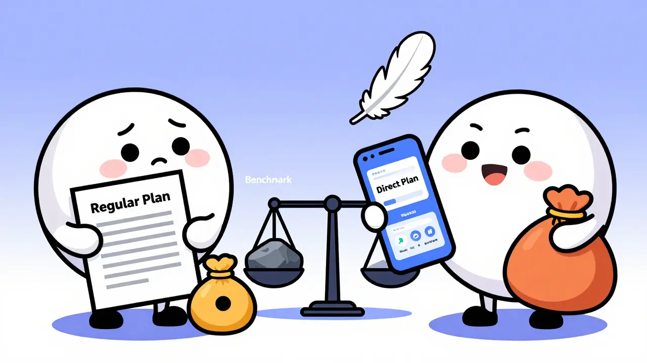 Illustration comparing direct vs regular mutual fund plans with fee differences.