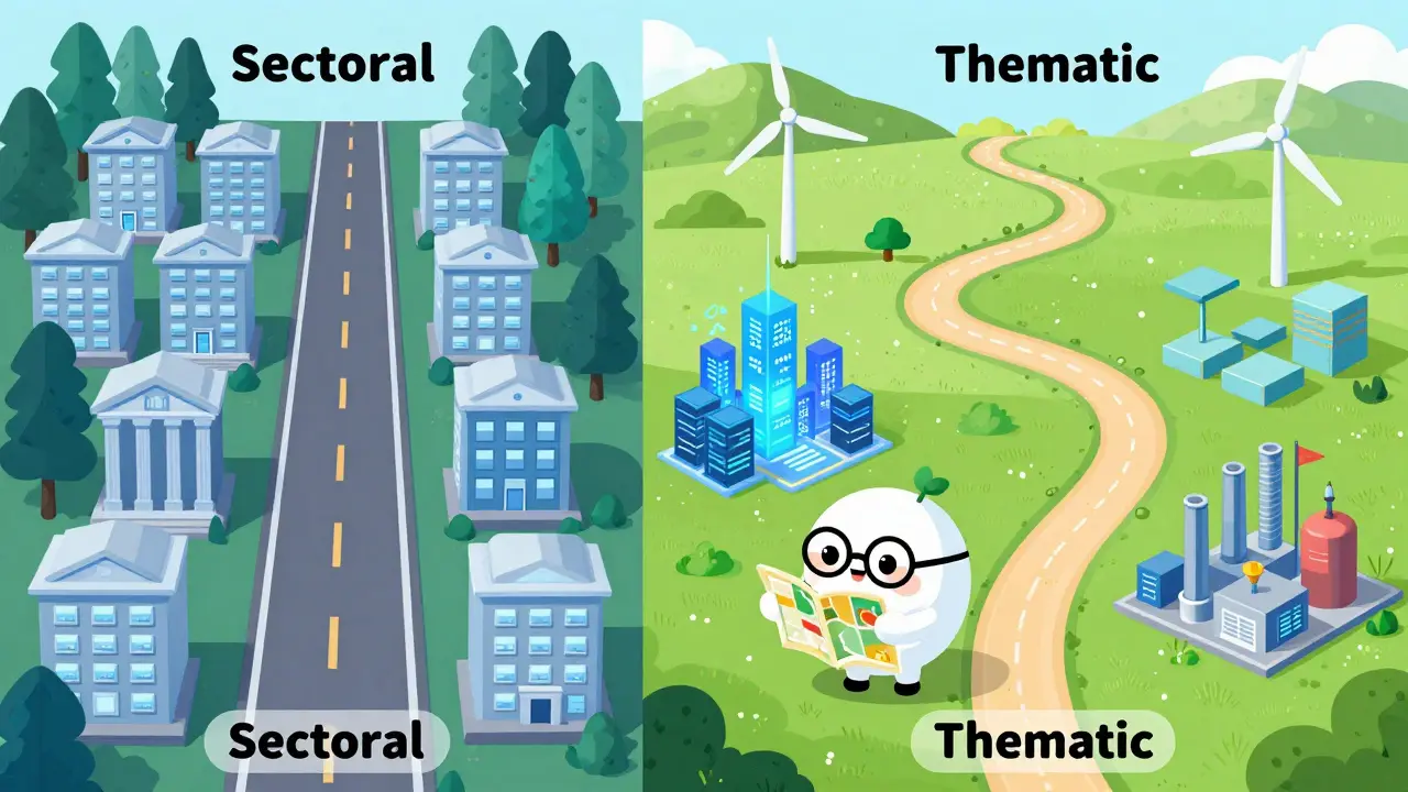 Illustration comparing narrow sectoral investment path with diverse thematic investment routes