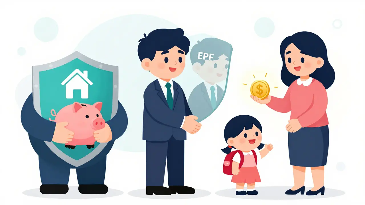 Illustration of PPF, EPF, and SSY represented by distinct cartoon characters
