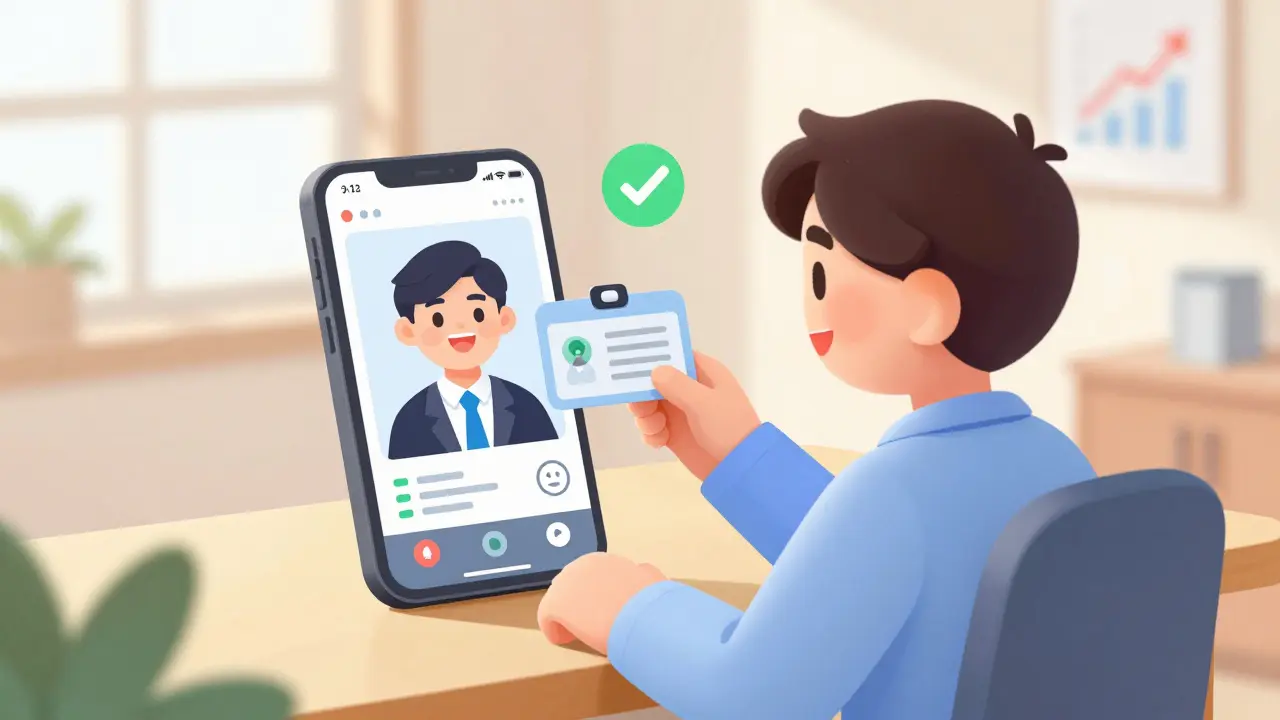 Person completing Video KYC verification via smartphone for account opening