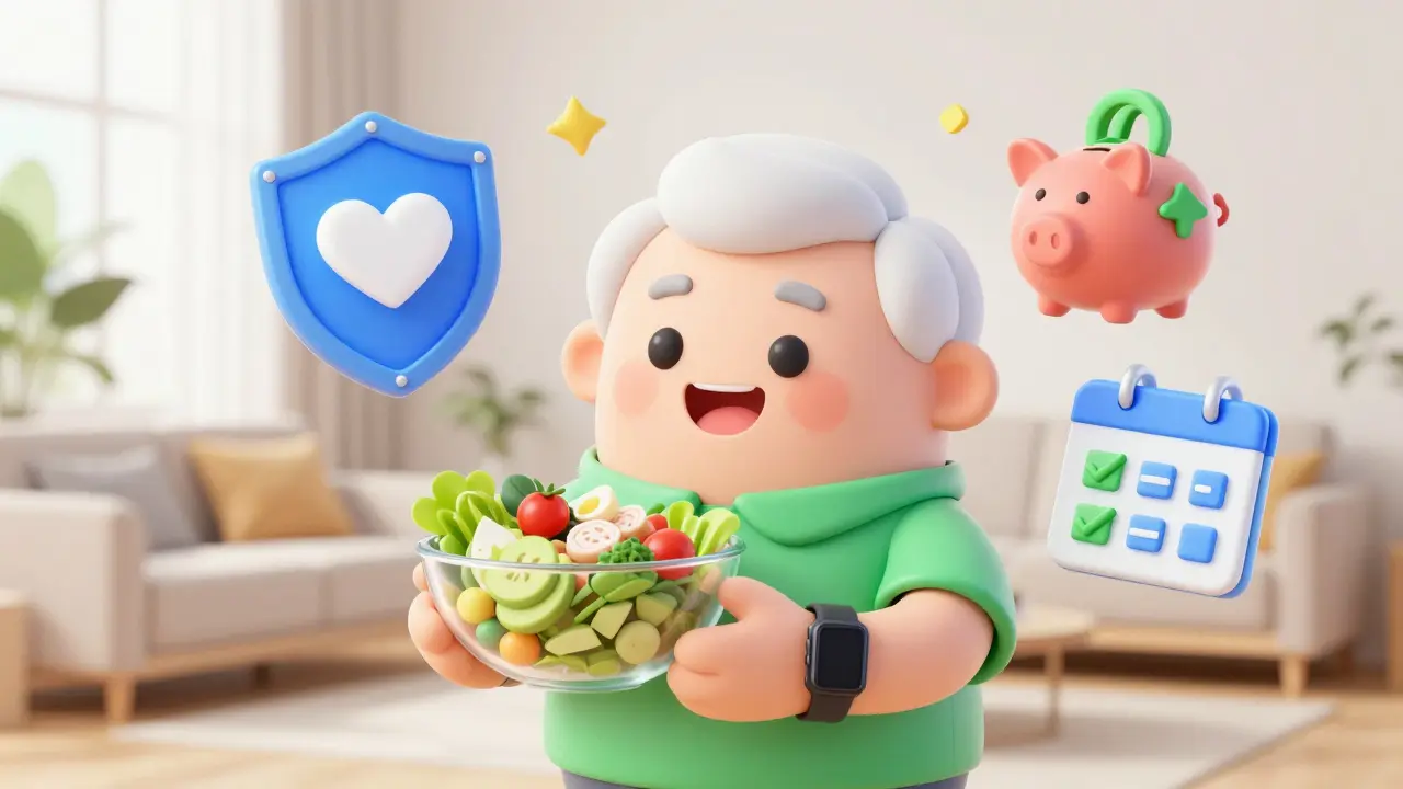 Senior citizen surrounded by health insurance and savings icons