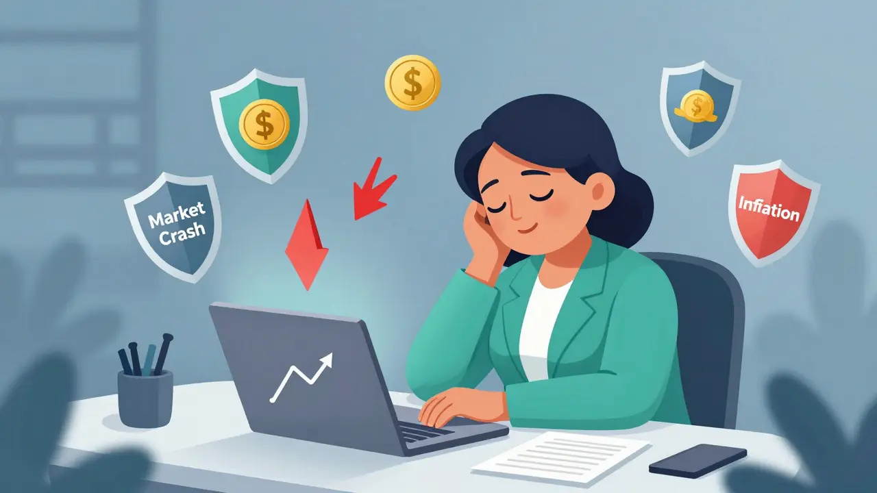 Sleeping cartoon investor protected by asset shields from market risks