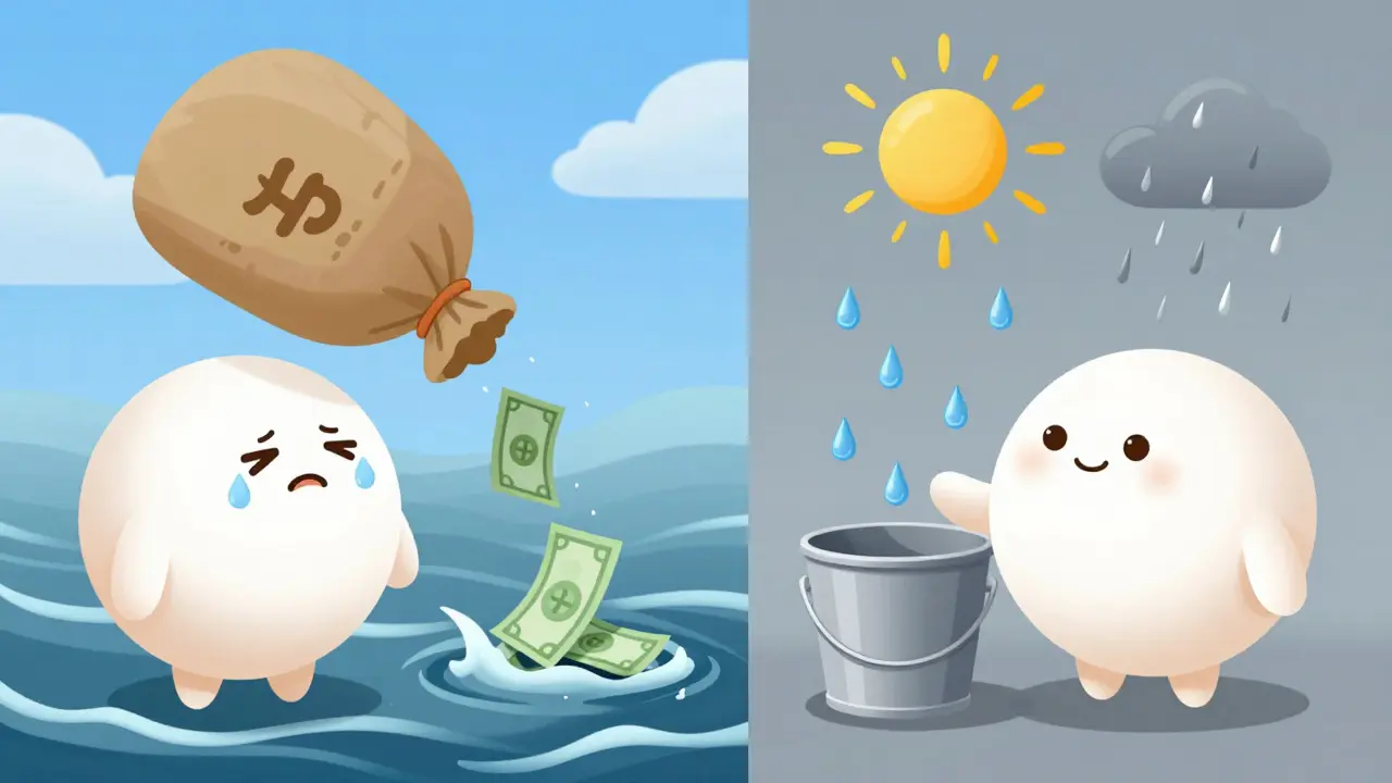 Split illustration comparing risky lump sum investment vs safe, consistent SIP contributions.