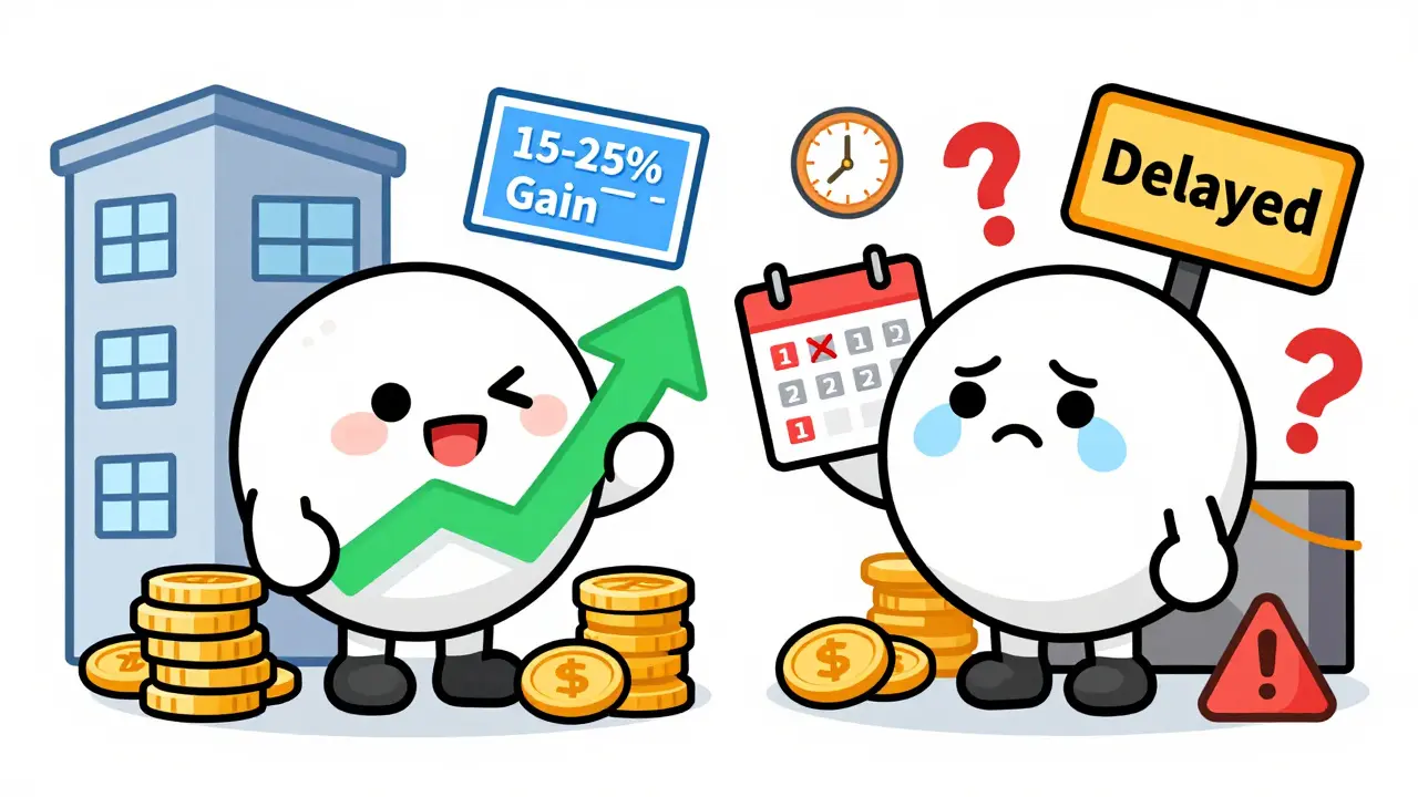 Split illustration showing profit gains vs project delays and risks
