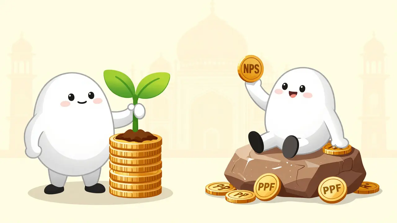 Split view showing NPS for growth and PPF for safety in a cartoon style.