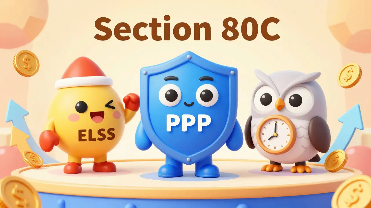 Three cartoon mascots representing ELSS, PPF, and NPS investment schemes.
